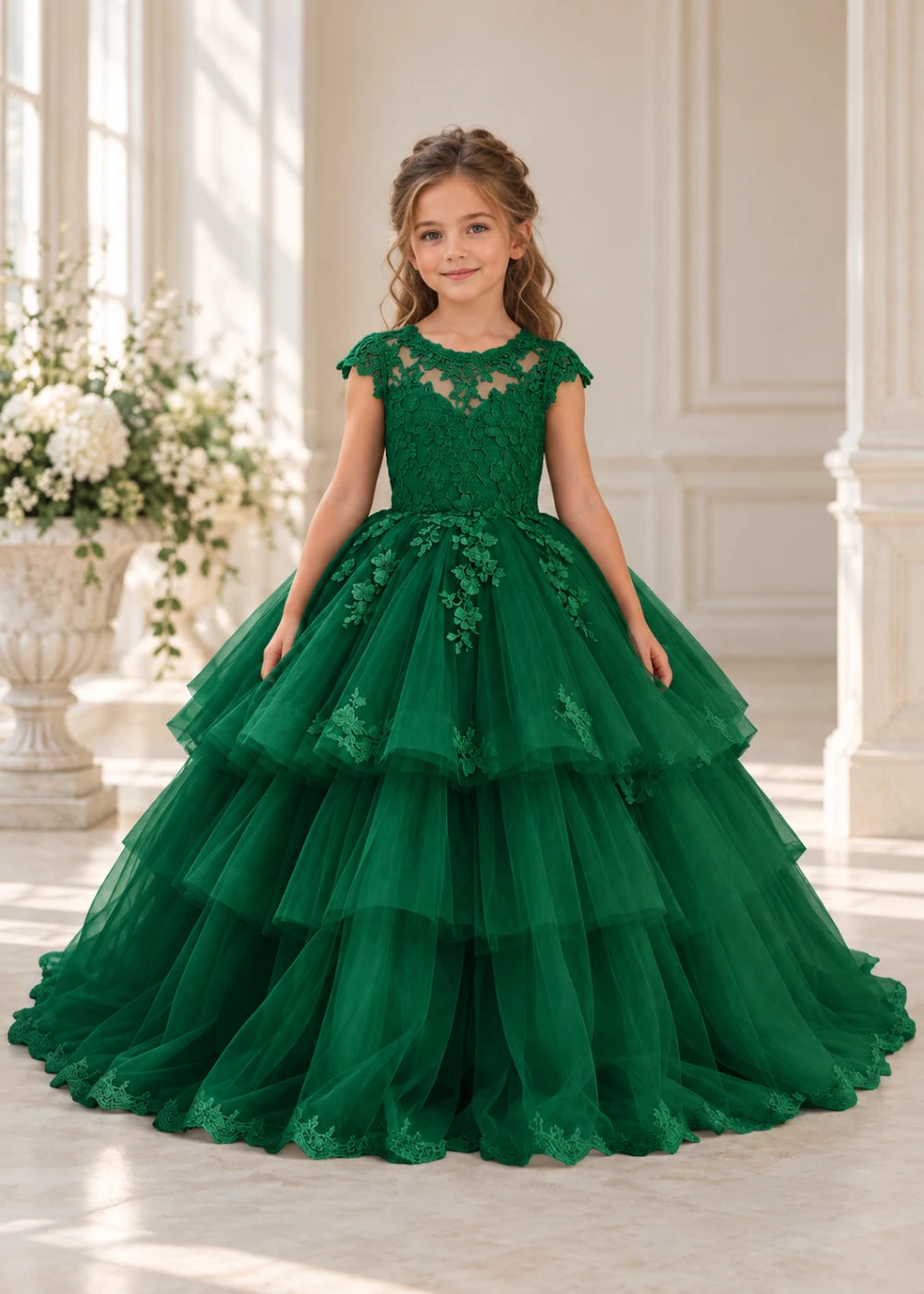 Front view of a child wearing a emerald green flower girl dress with a sheer lace illusion neckline, cap sleeves and a tiered cake-style tulle skirt with a lace-trimmed hem.