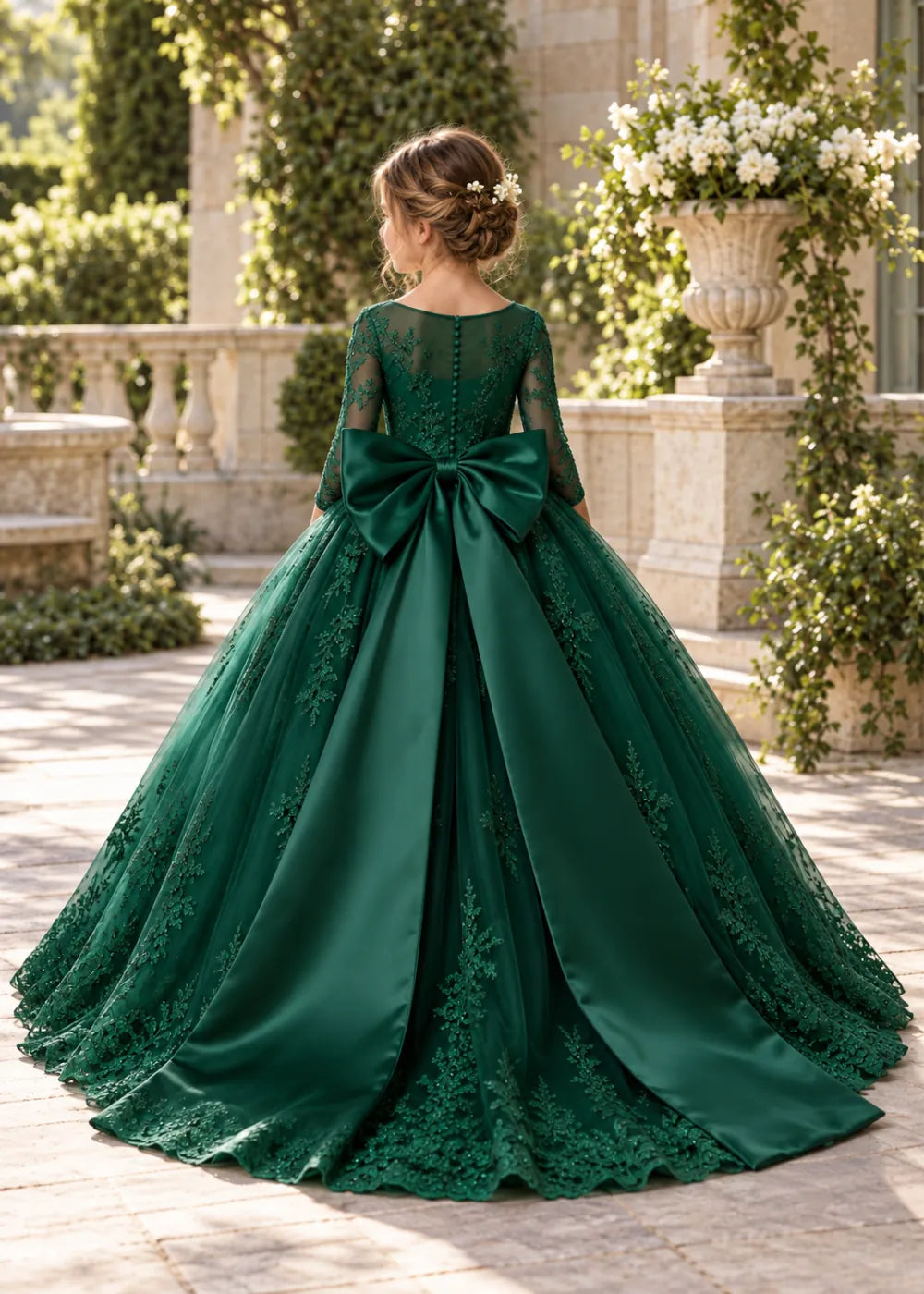 Flower girl dress in Emerald Green, back view.