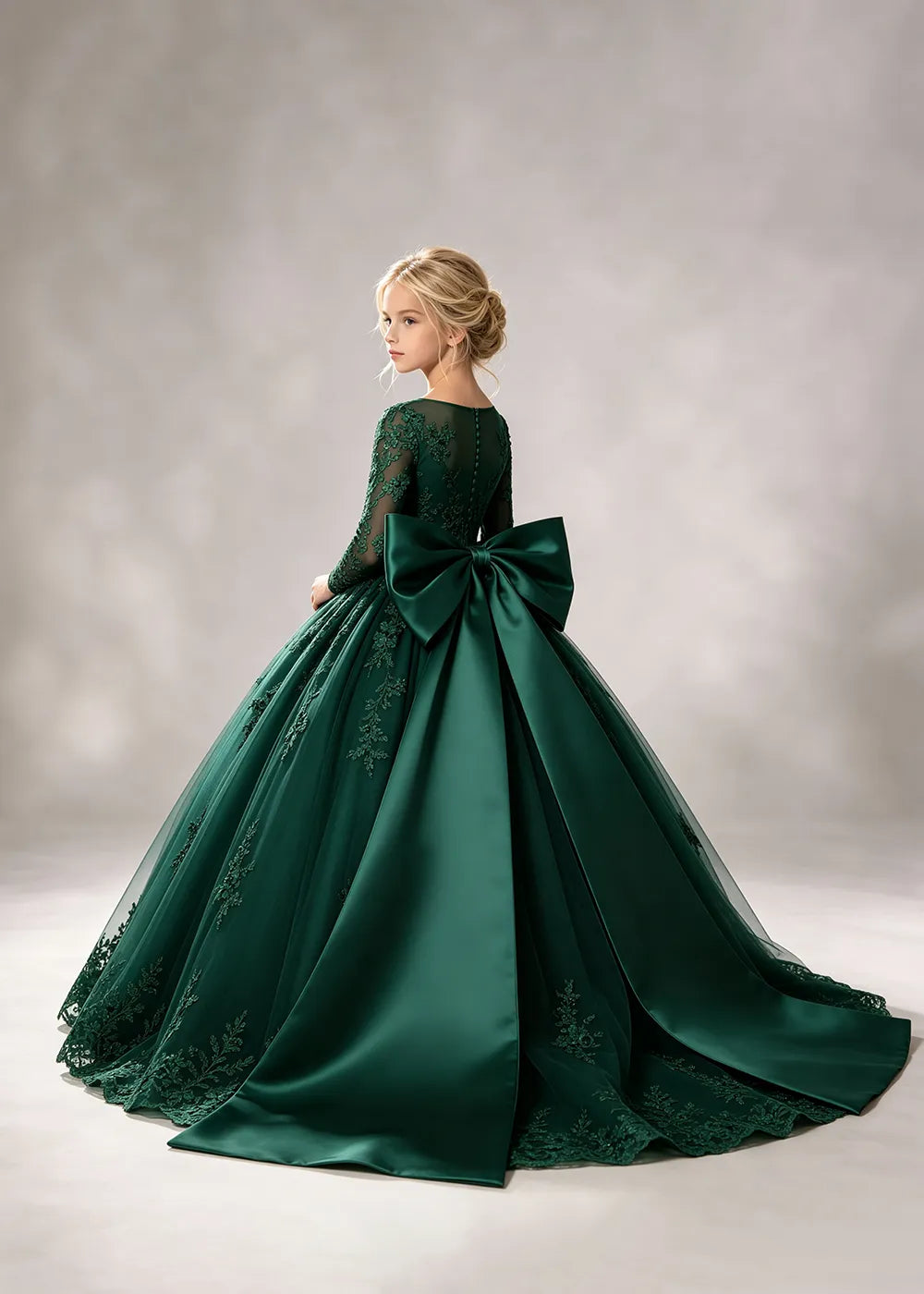 Flower girl dress in Emerald Green, back view.