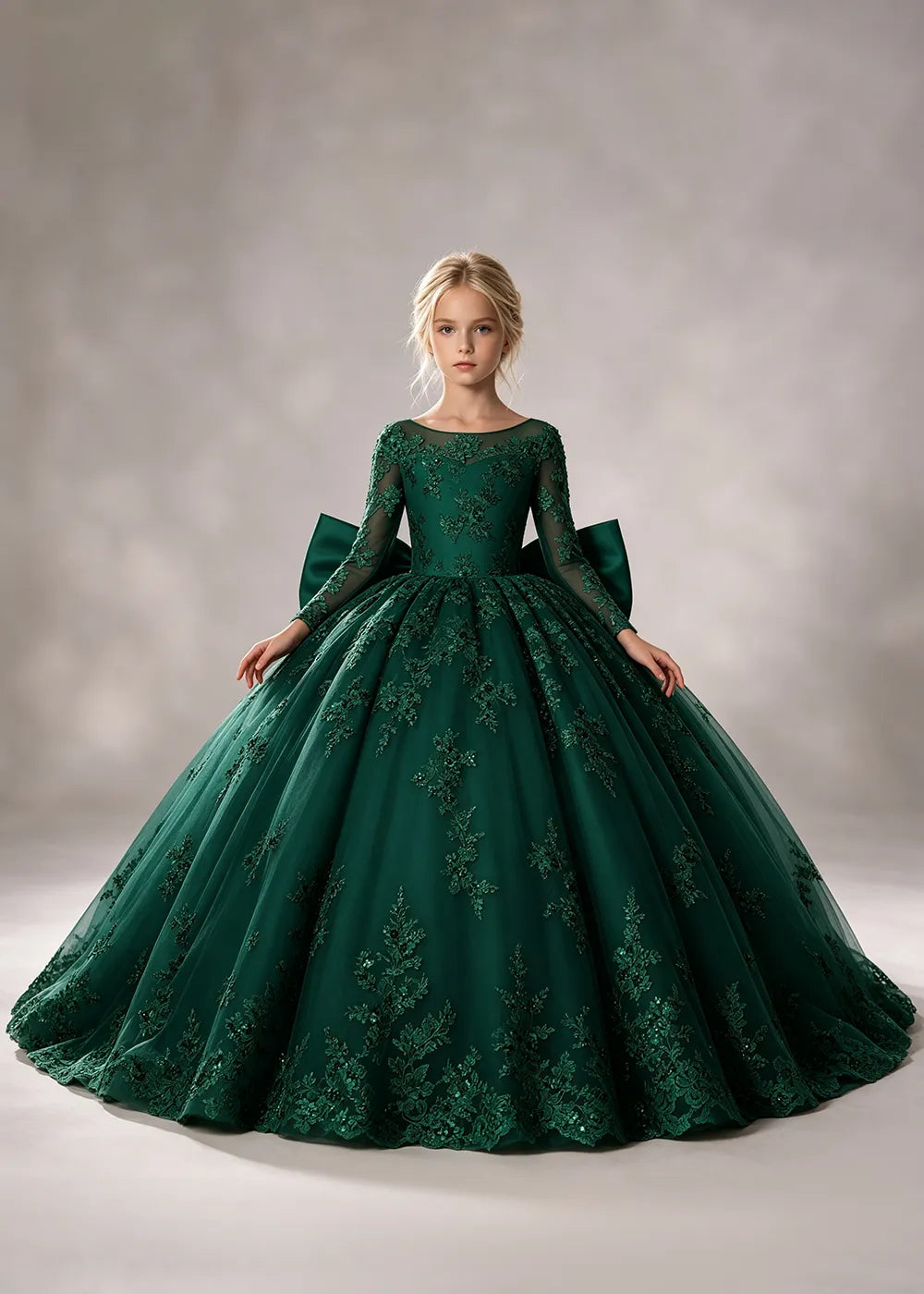 Flower girl dress in Emerald Green, front view.