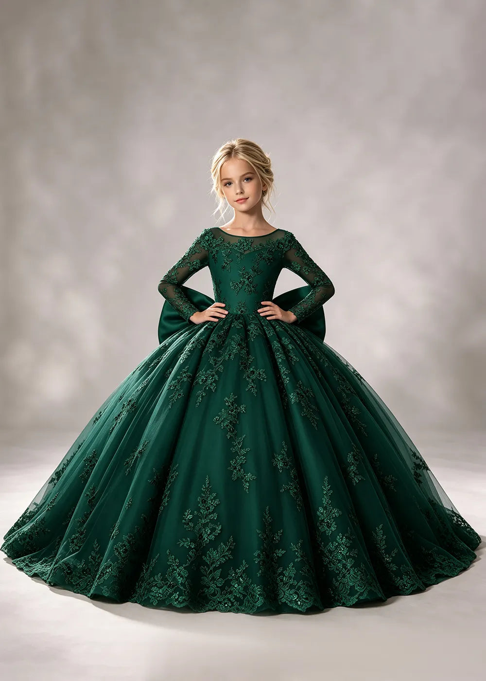 Flower girl dress in Emerald Green, front view.