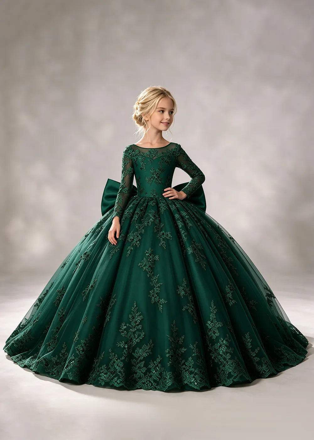 Flower girl dress in Emerald Green, front view.