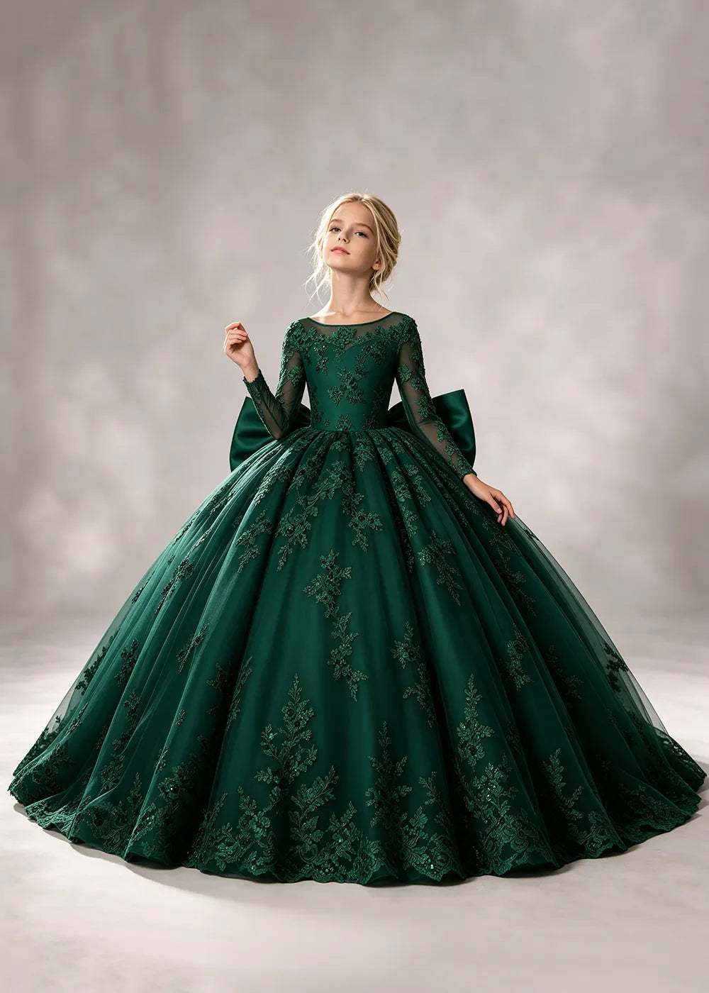 Flower girl dress in Emerald Green, front view.