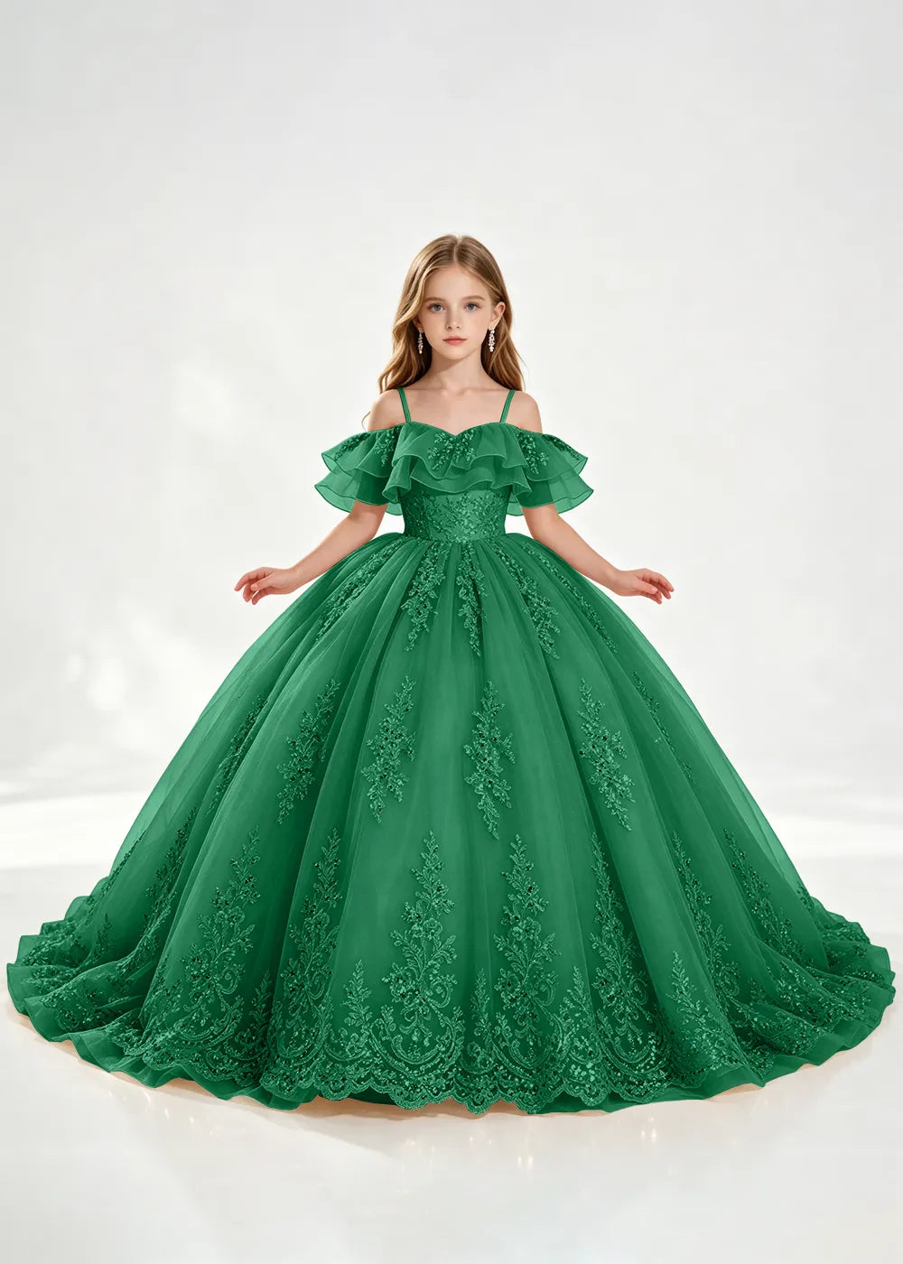 Slate Blue Off-Shoulder Lace-Hem Flower Girl Dress