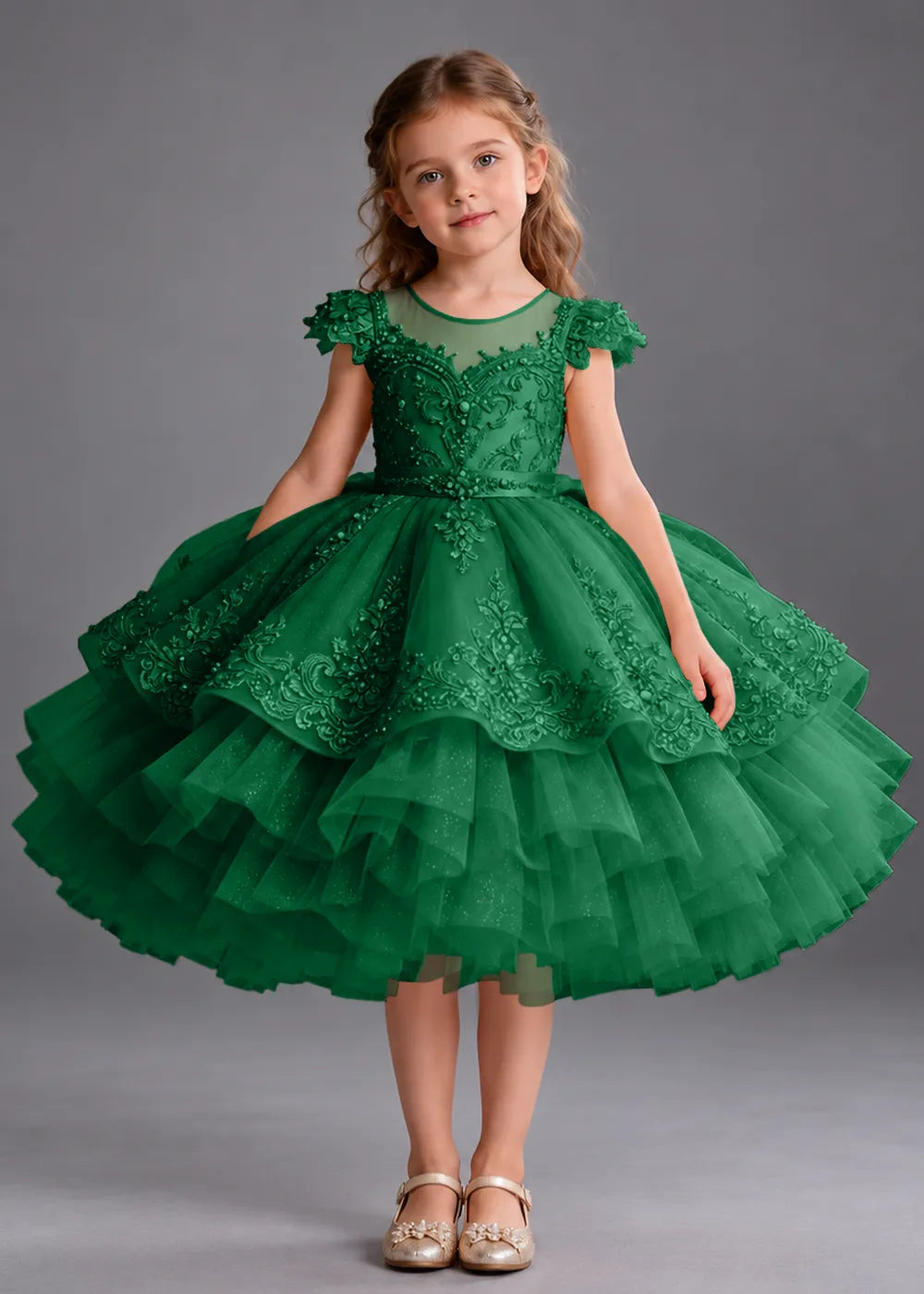 Navy Blue Flower Girl Dress with Beaded Lace and Short Ruffle Skirt