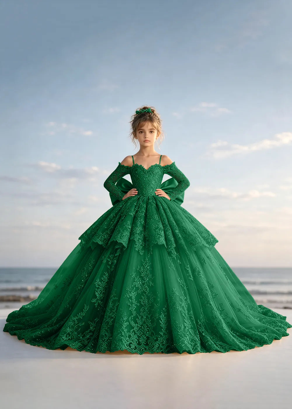 Navy Blue Lace Flower Girl Gown with Peplum and Trailing Satin Bow