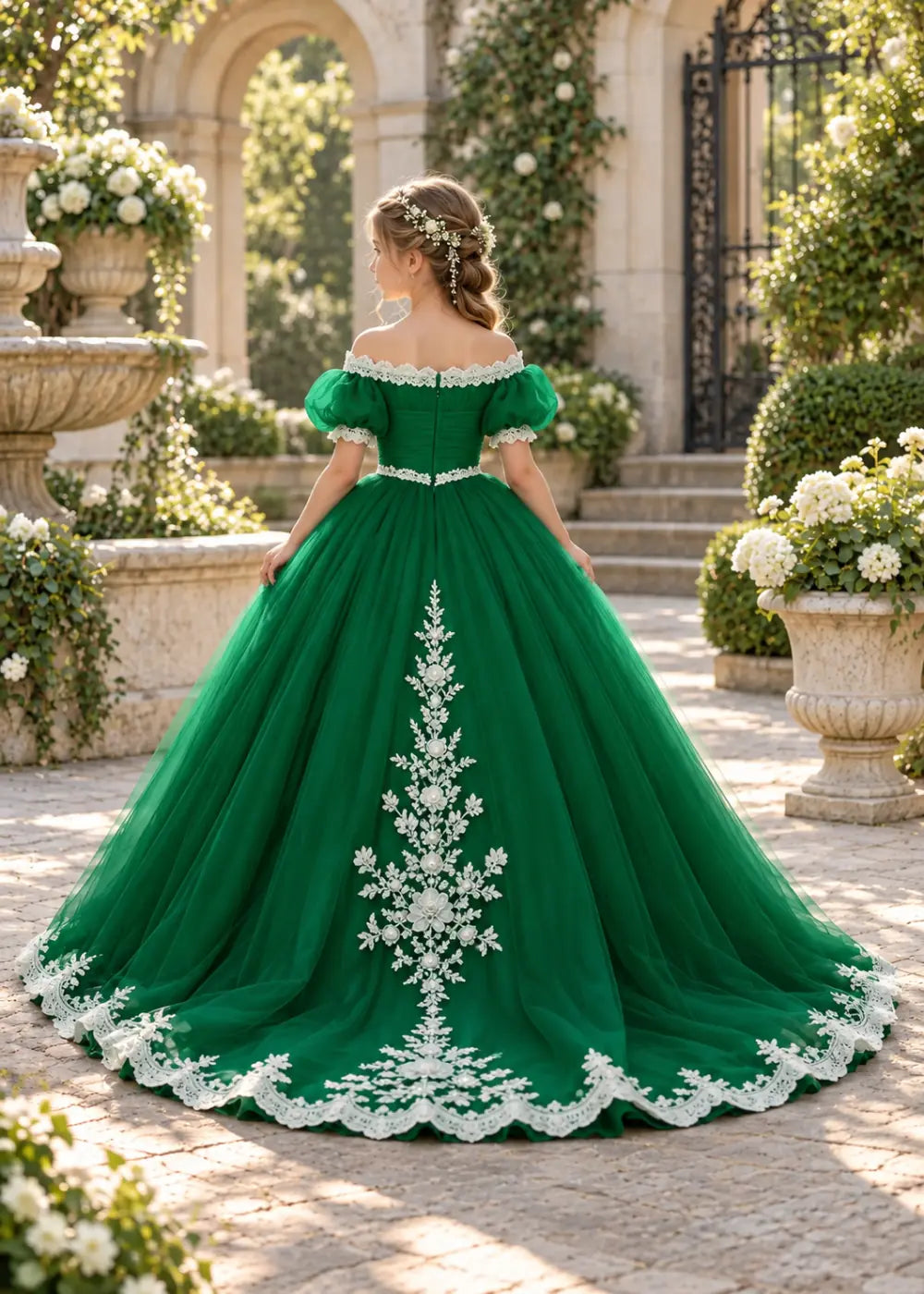 Flower girl dress in Emerald Green, back view.