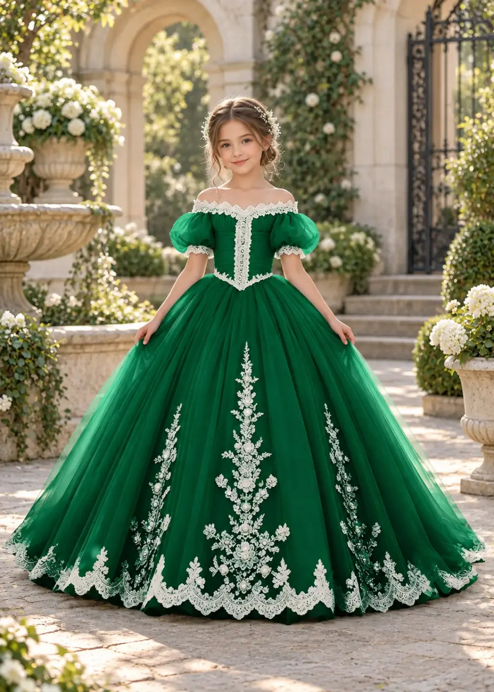 Flower girl dress in Emerald Green, front view.