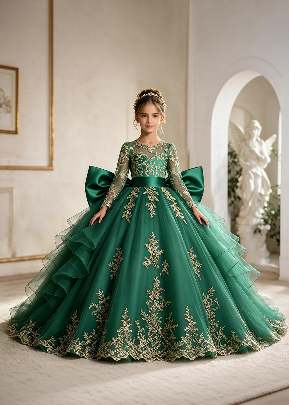 Navy Blue Gold Lace Flower Girl Gown with Ruffles and Long Bow Tails