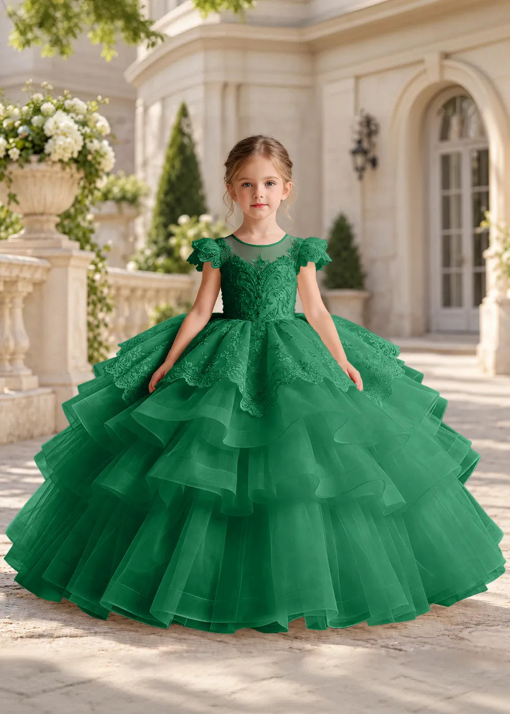 Dusty Blue Lace-Cap Flower Girl Dress with Cascading Skirt