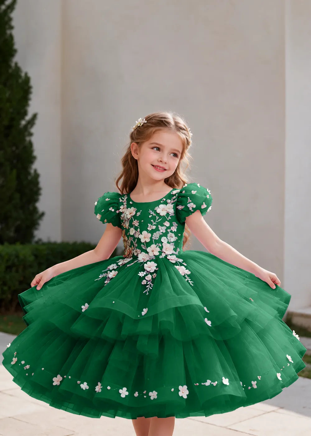 Pink Flower Girl Dress with Floral Trails and Ruffled Hem