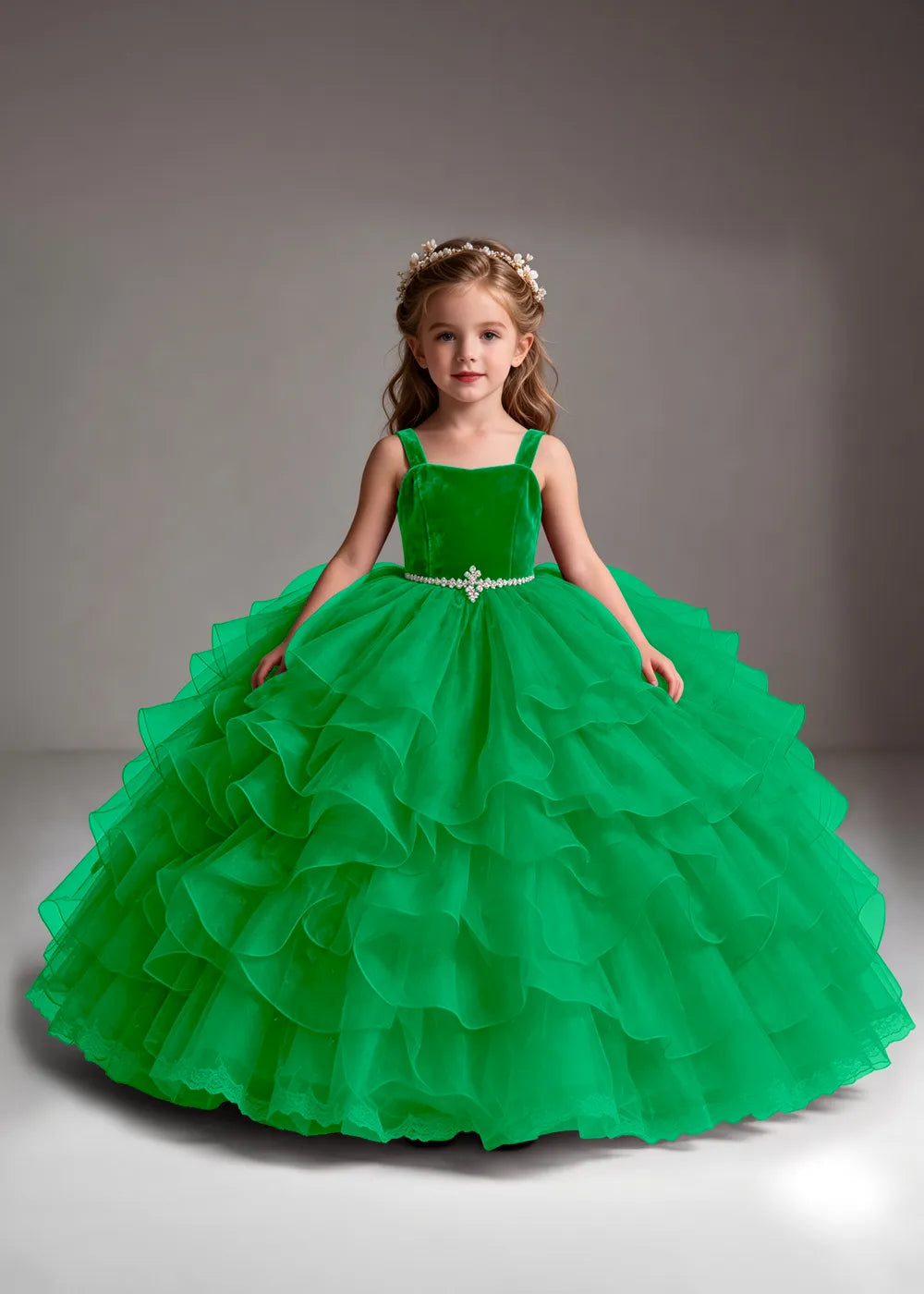 Burgundy Flower Girl Dress with Cascading Ruffles and Jeweled Waist