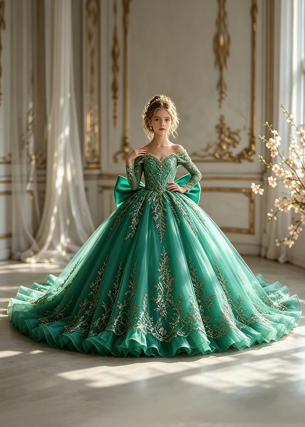 Off-Shoulder Sequin Lace Flower Girl Dress with Bow and Flounced Hem