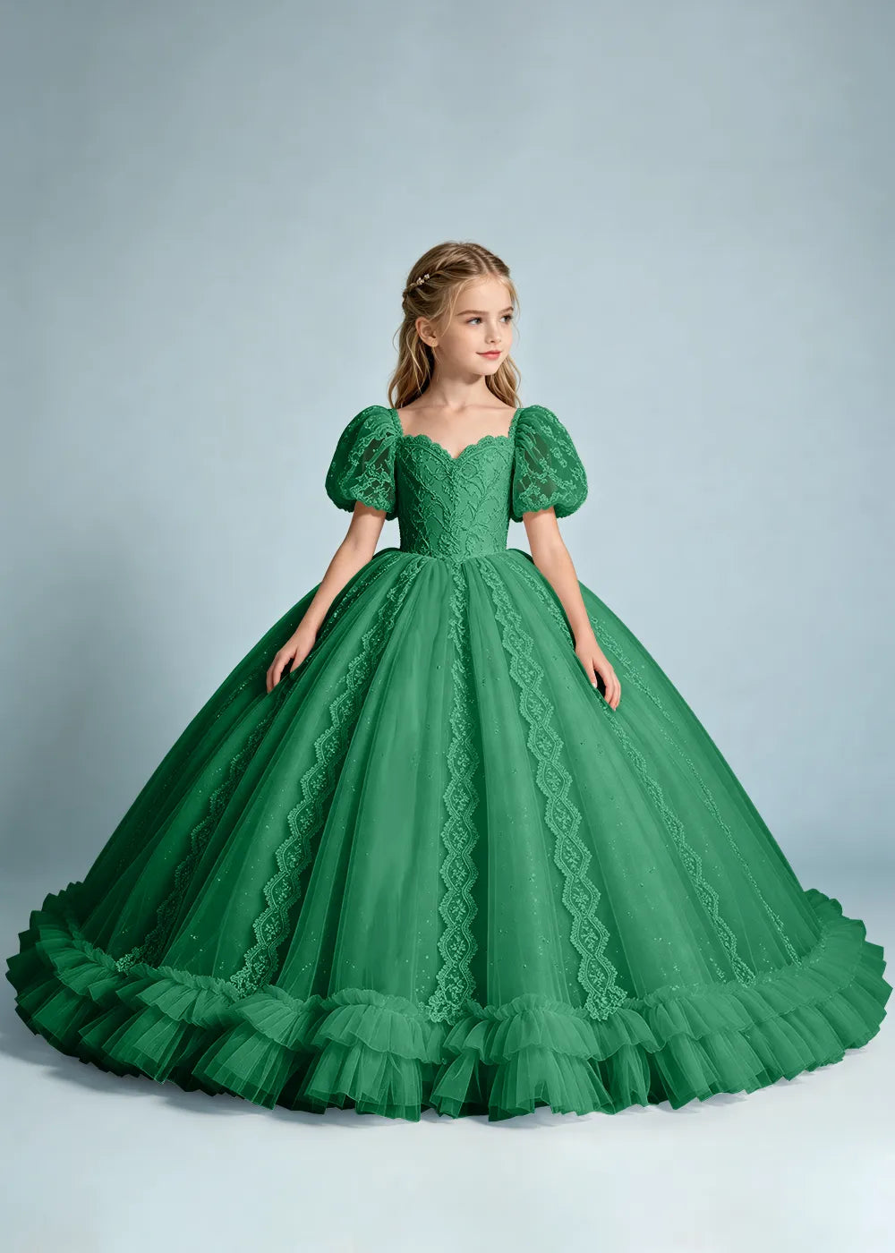 Navy Flower Girl Gown with Lace Puff Sleeves and Ruffled Hem