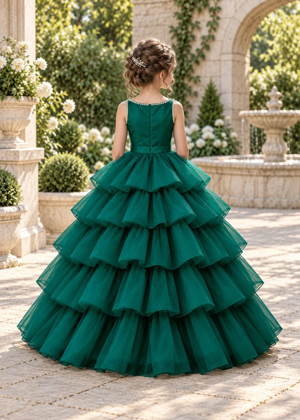 Flower girl dress in Emerald Green, back view.