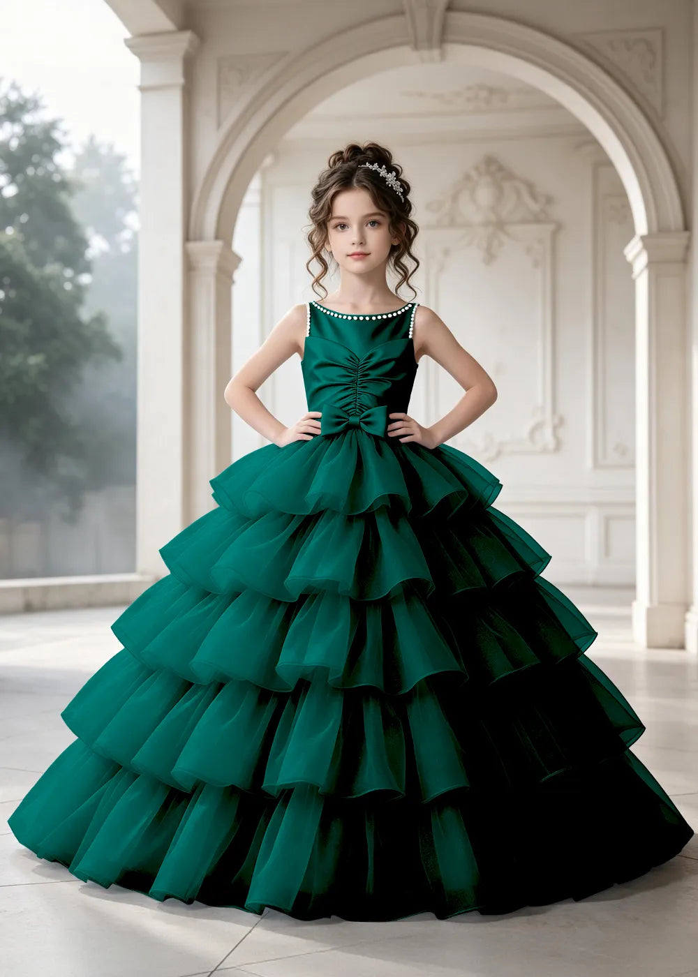 Flower girl dress in Emerald Green, front view.