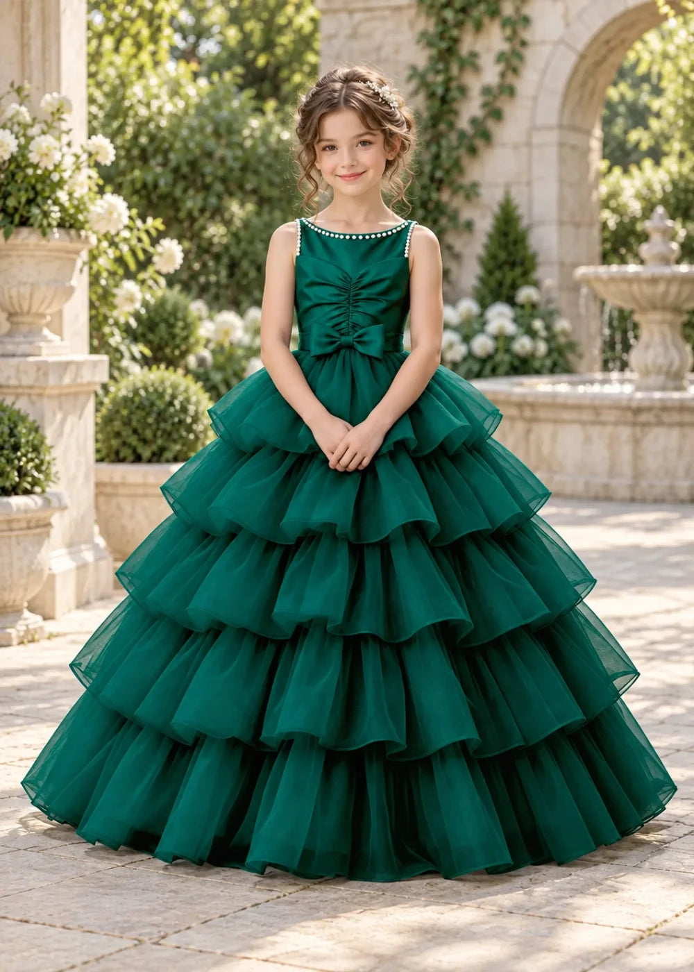 Flower girl dress in Emerald Green, front view.