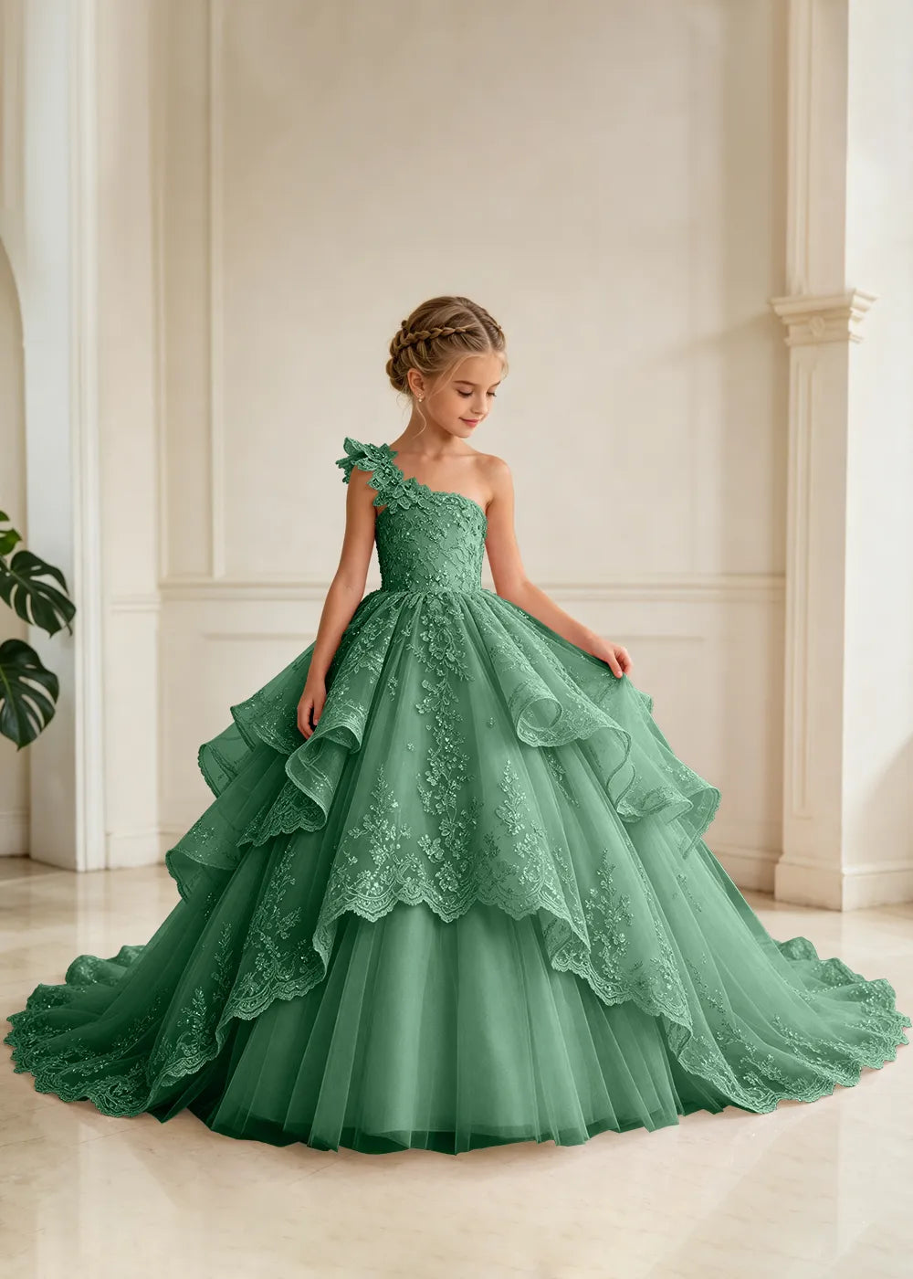 Floral Strap Tiered Lace Flower Girl Ball Gown Dress