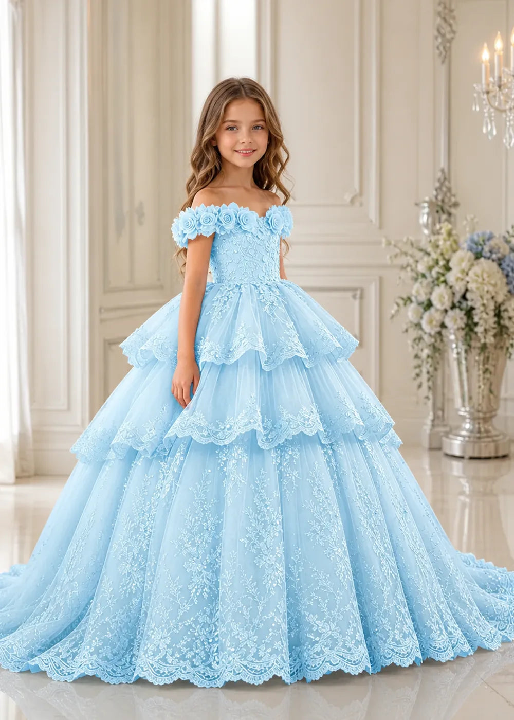 Off Shoulder Floral Lace Princess Ball Gown for Girls