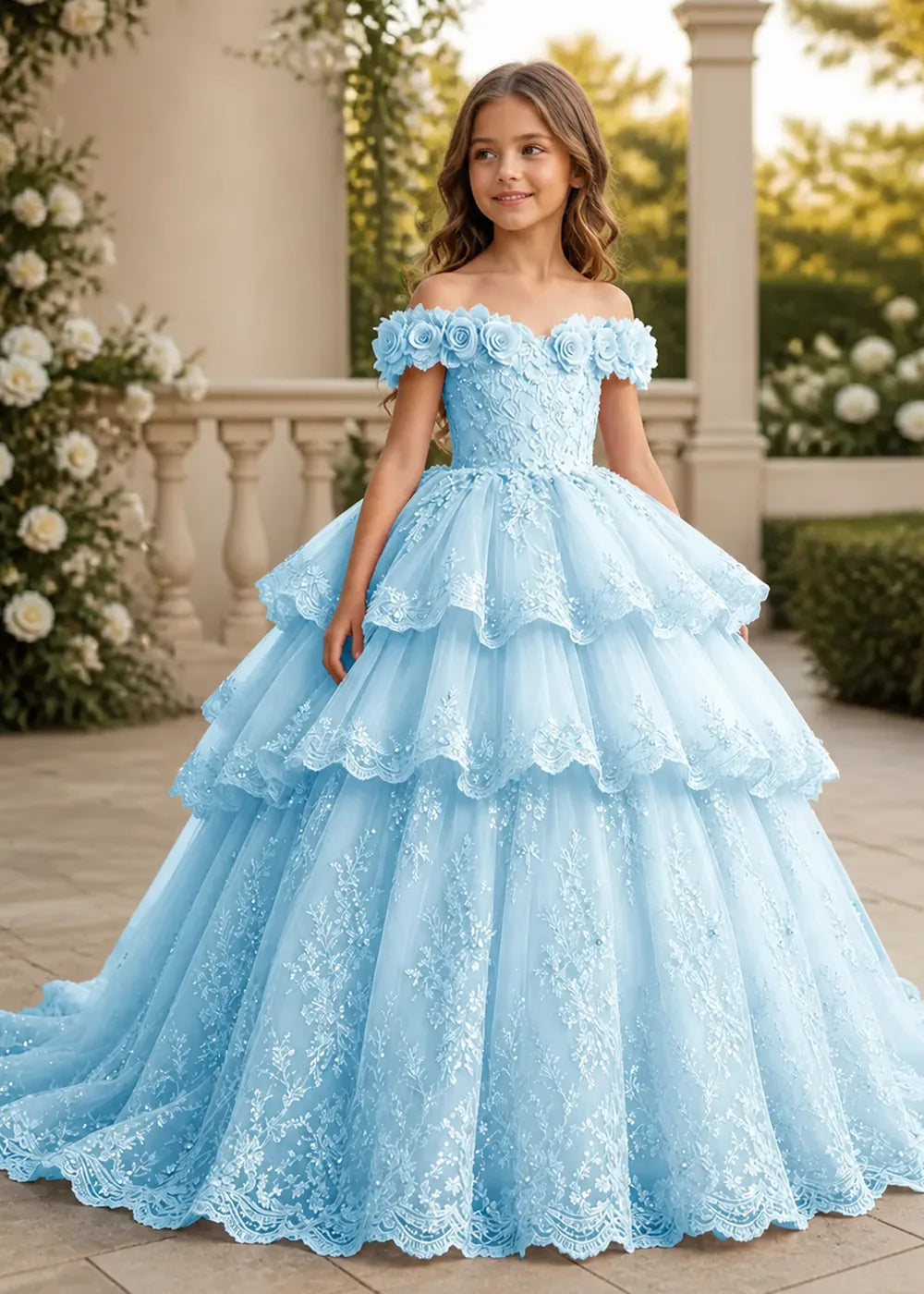Off Shoulder Floral Lace Princess Ball Gown for Girls