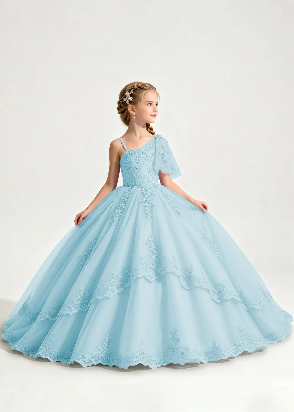 One-Shoulder Floral Lace Princess Dress for Girls