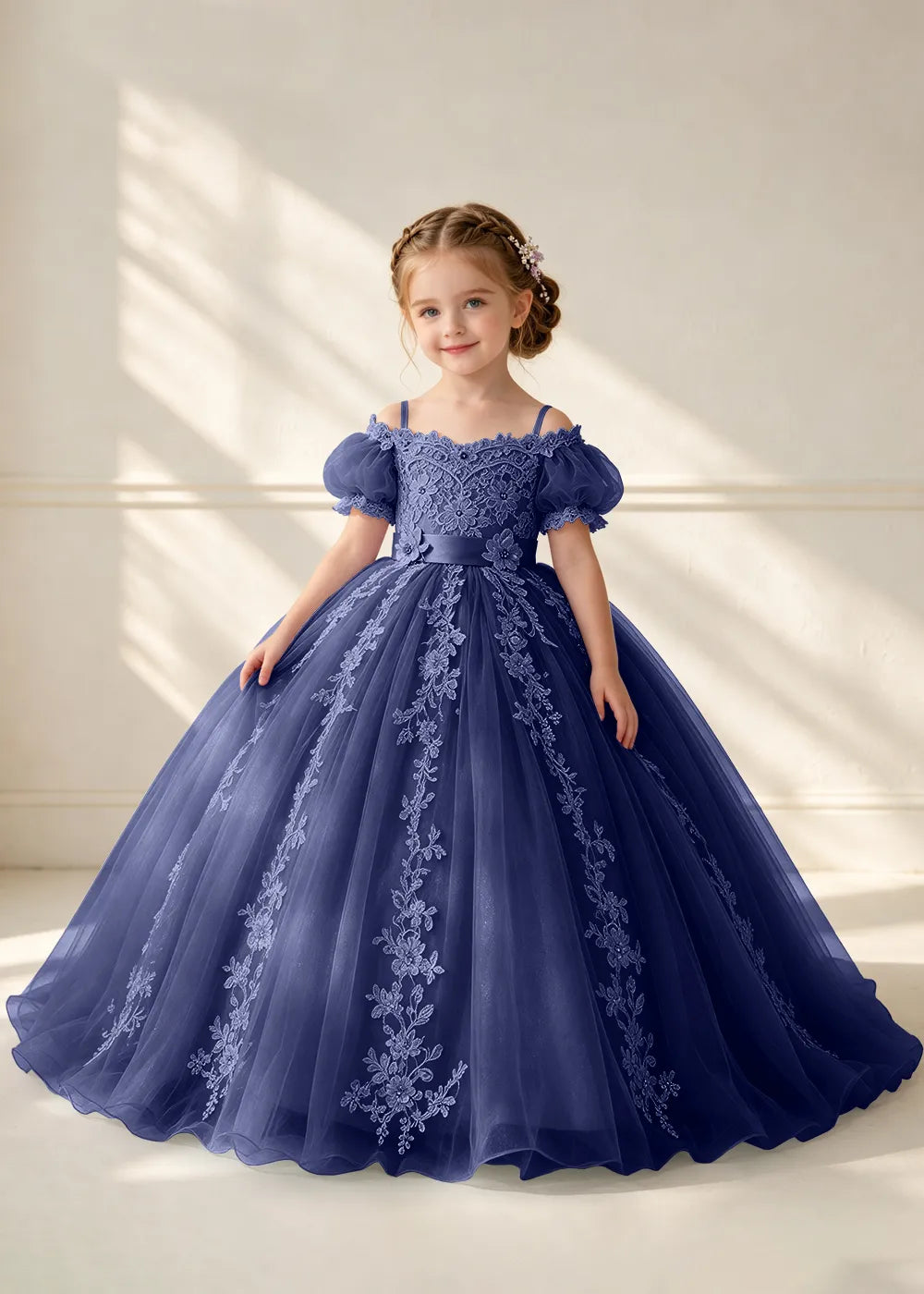 Puff Sleeve Floral Lace Princess Dress for Girls
