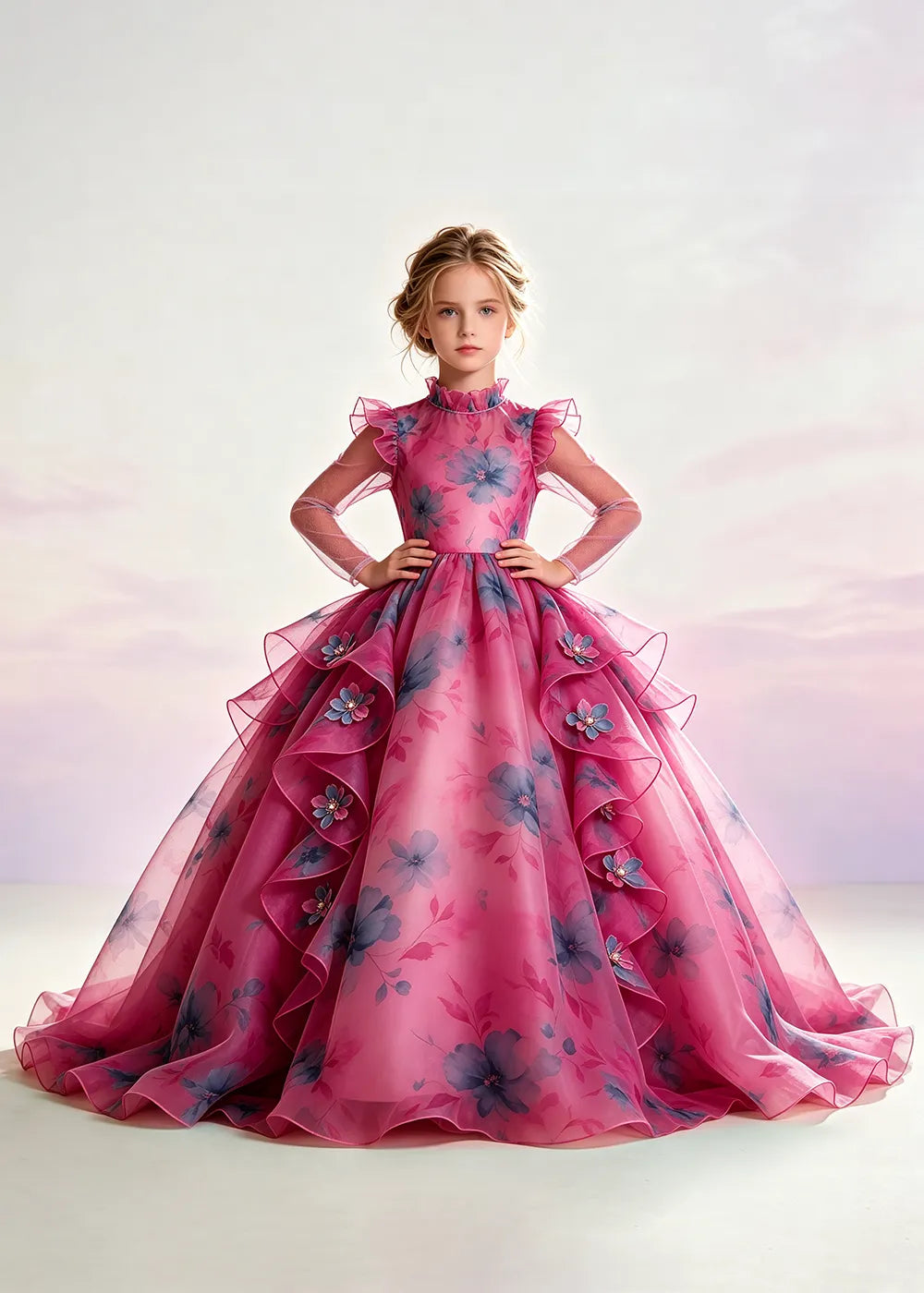 Navy Blue Floral Ruffle-Collar Flower Girl Dress