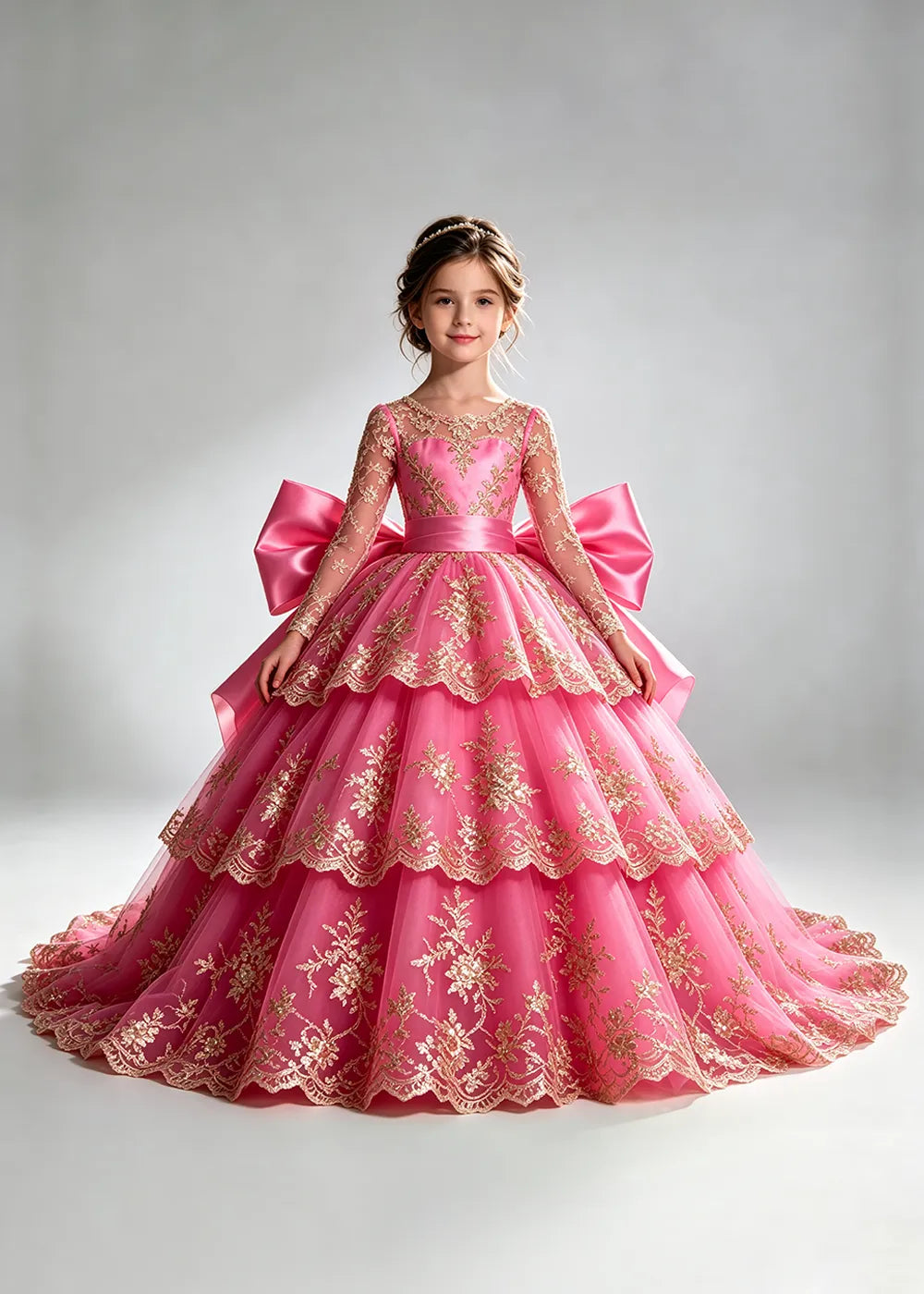 Long Sleeve Lace Flower Girl Dress with Sash Bow and Tiered Skirt