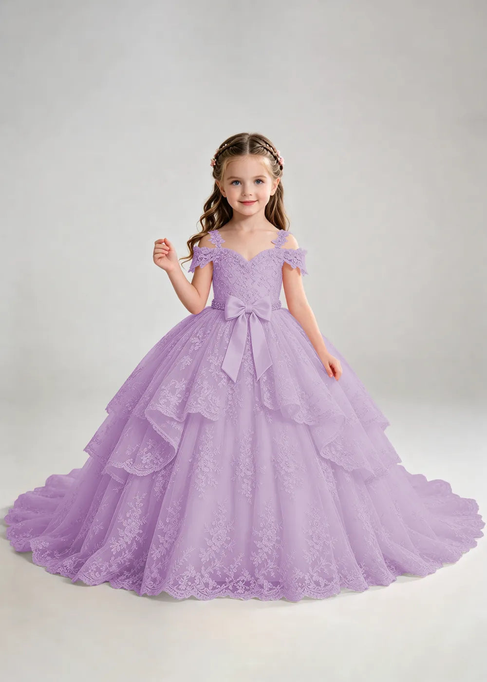 Bow Waist Floral Lace Flower Girl Ball Gown Dress