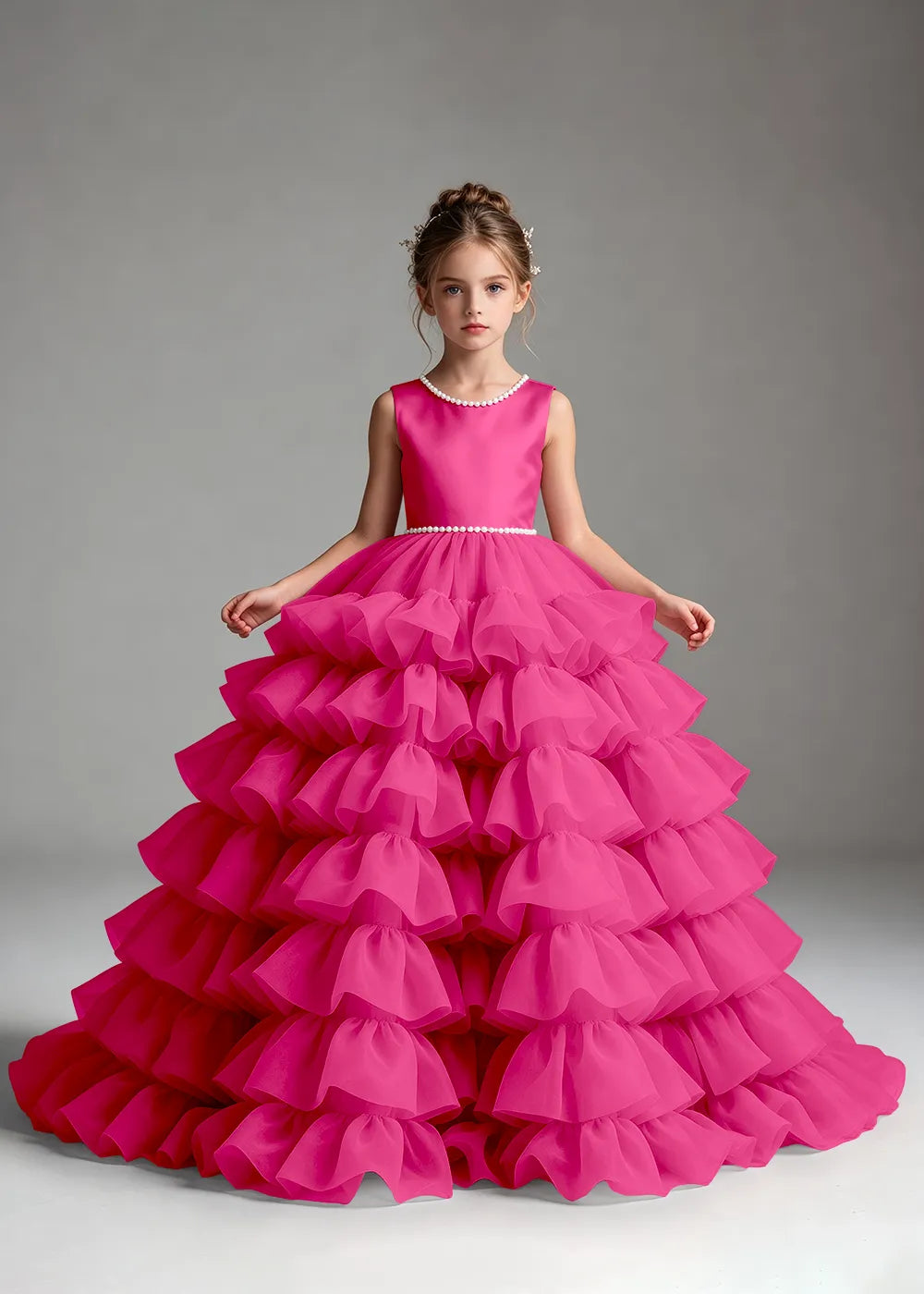 Royal Blue Pearl-Trimmed Tiered Ruffle Flower Girl Dress
