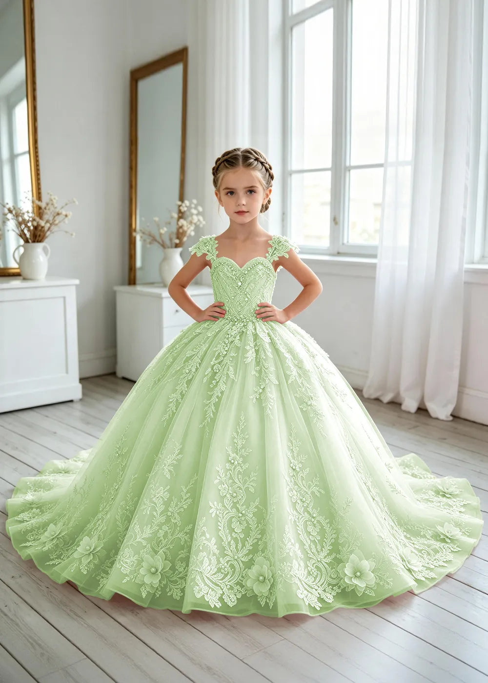 Floral V-Neck Lace Flower Girl Ball Gown Dress