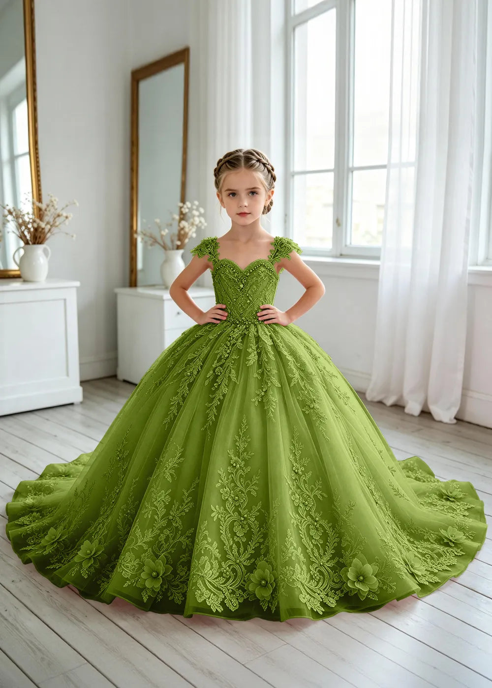 Floral V-Neck Lace Flower Girl Ball Gown Dress