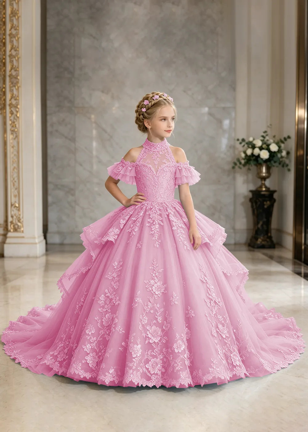 Illusion Neck Peplum Lace Flower Girl Ball Gown Dress