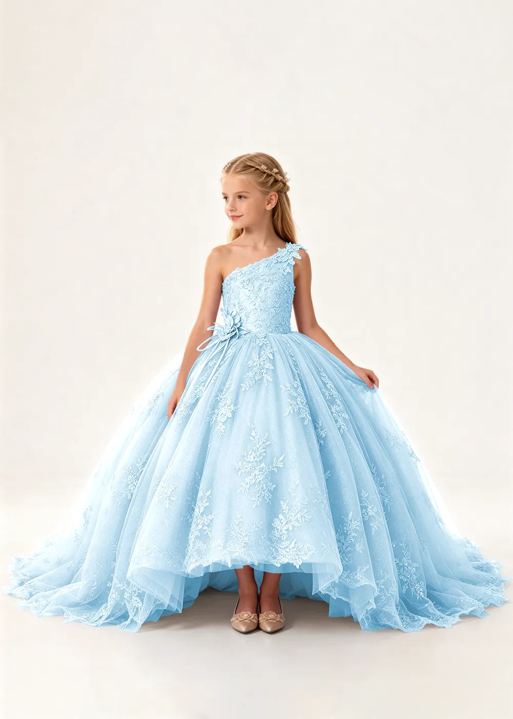 One-Shoulder High-Low Lace Princess Dress for Girls