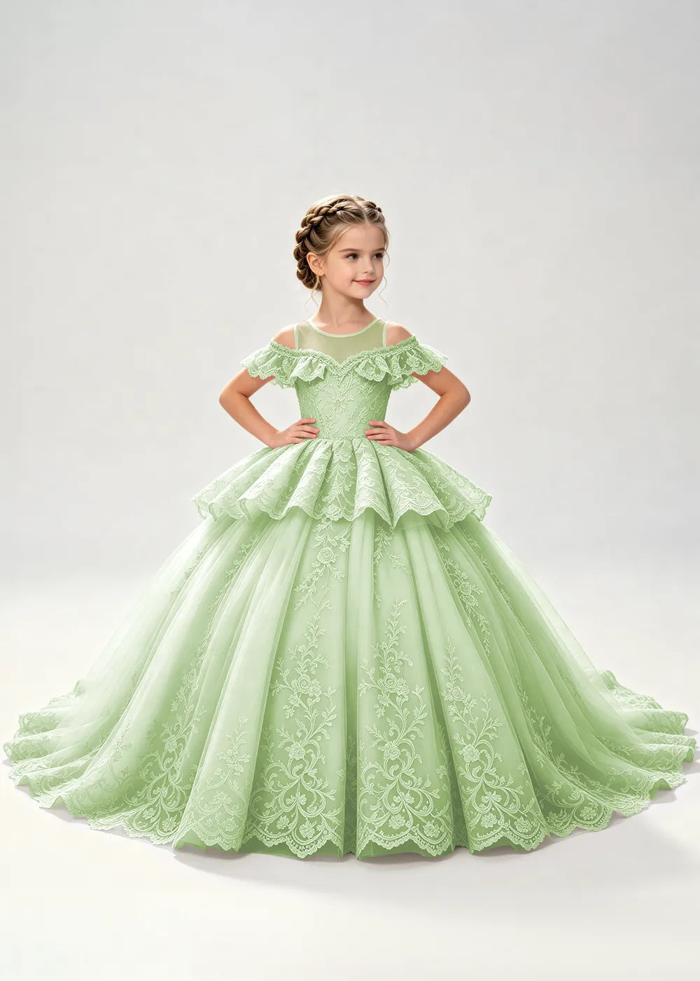 Illusion Neck Tiered Lace Flower Girl Ball Gown Dress