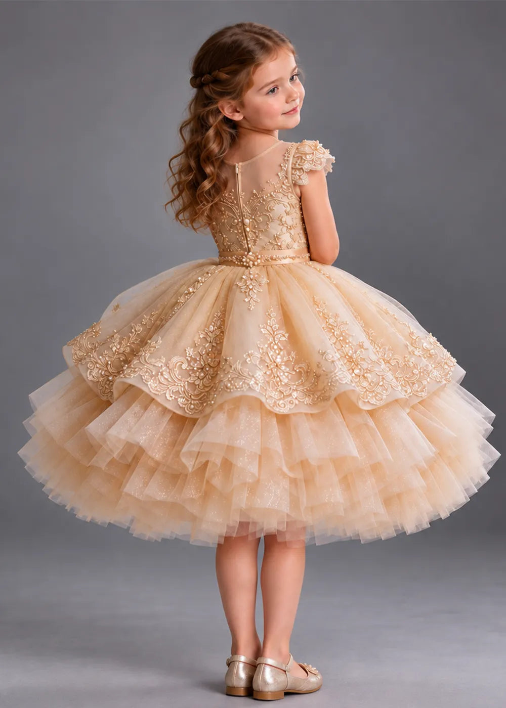 Gold Knee-Length Flower Girl Dress with Scalloped Lace Overlay