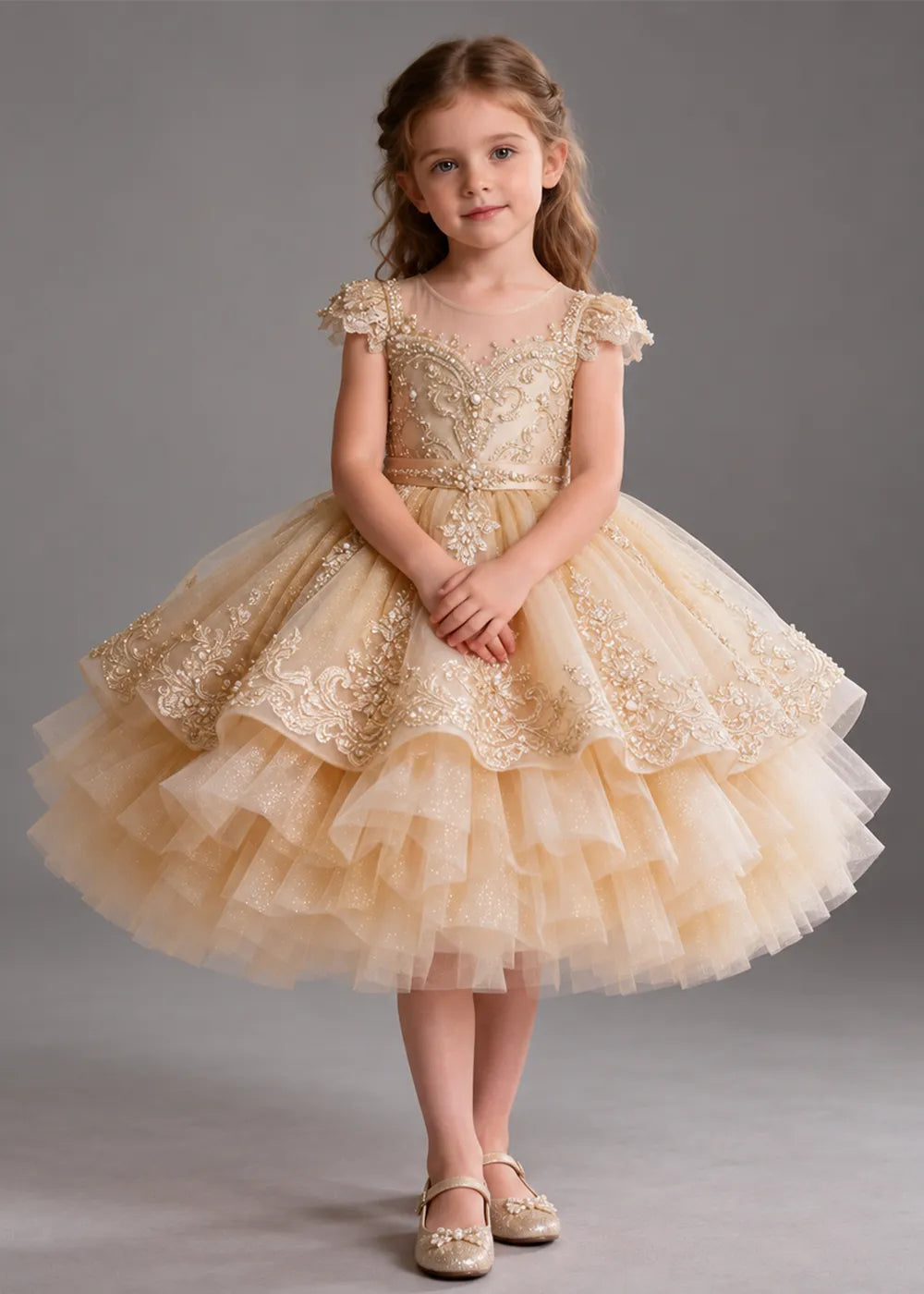 Gold Knee-Length Flower Girl Dress with Scalloped Lace Overlay