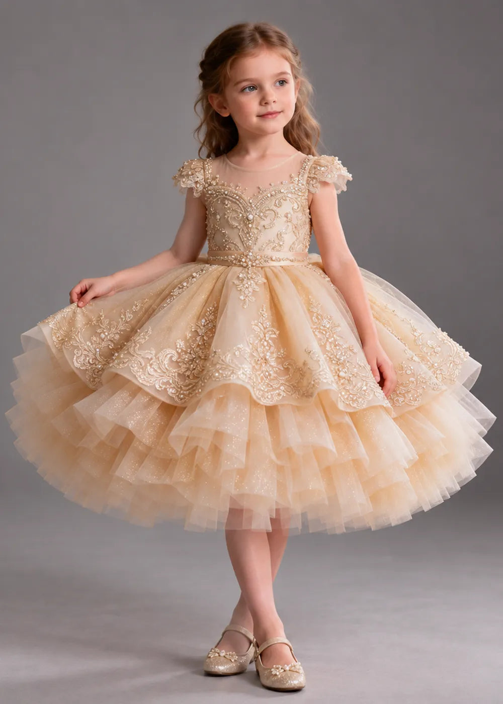 Gold Knee-Length Flower Girl Dress with Scalloped Lace Overlay