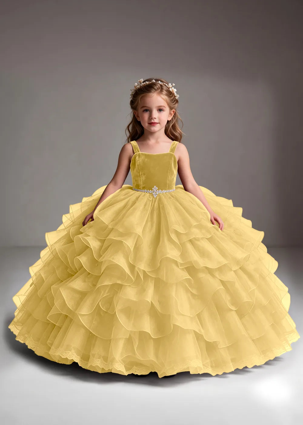 White Flower Girl Dress with Cascading Ruffles and a Square Neckline