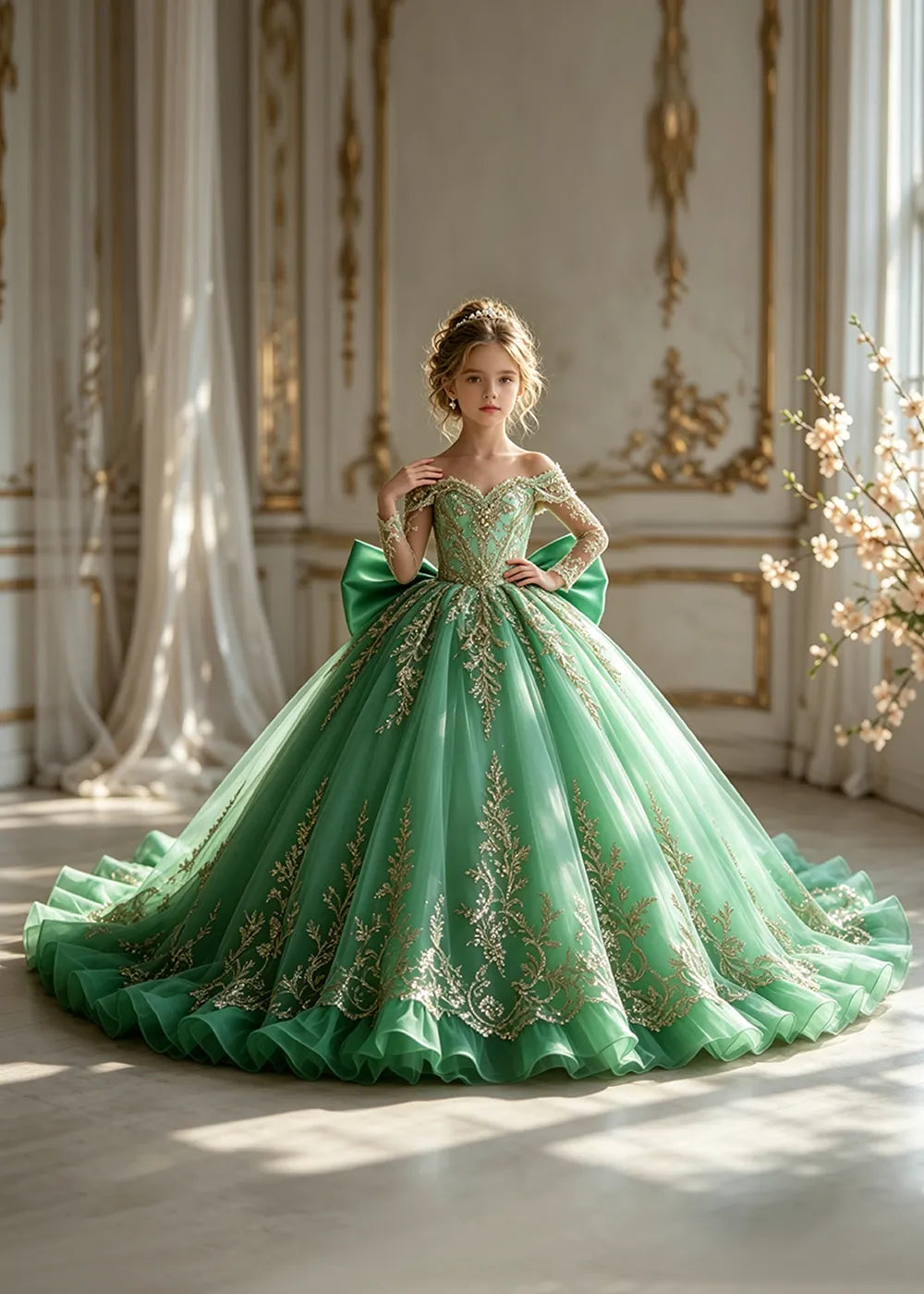 Off-Shoulder Sequin Lace Flower Girl Dress with Bow and Flounced Hem