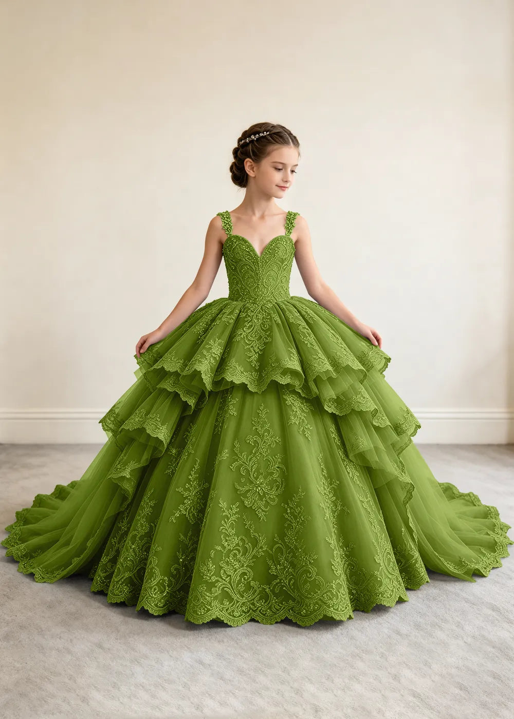V-Neck Tiered Lace Flower Girl Ball Gown Dress