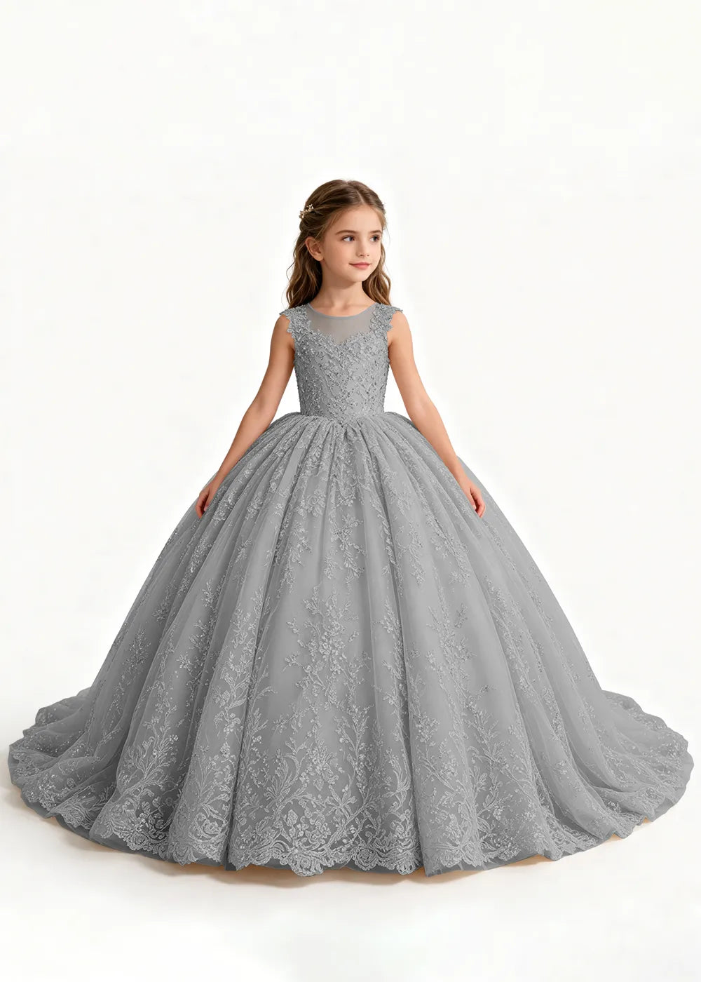 Navy Sleeveless Flower Girl Gown with Scalloped Train
