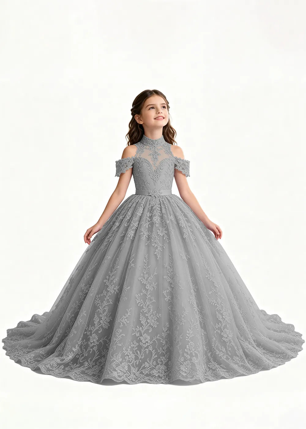 Navy Floral Flower Girl Gown with Open Shoulders