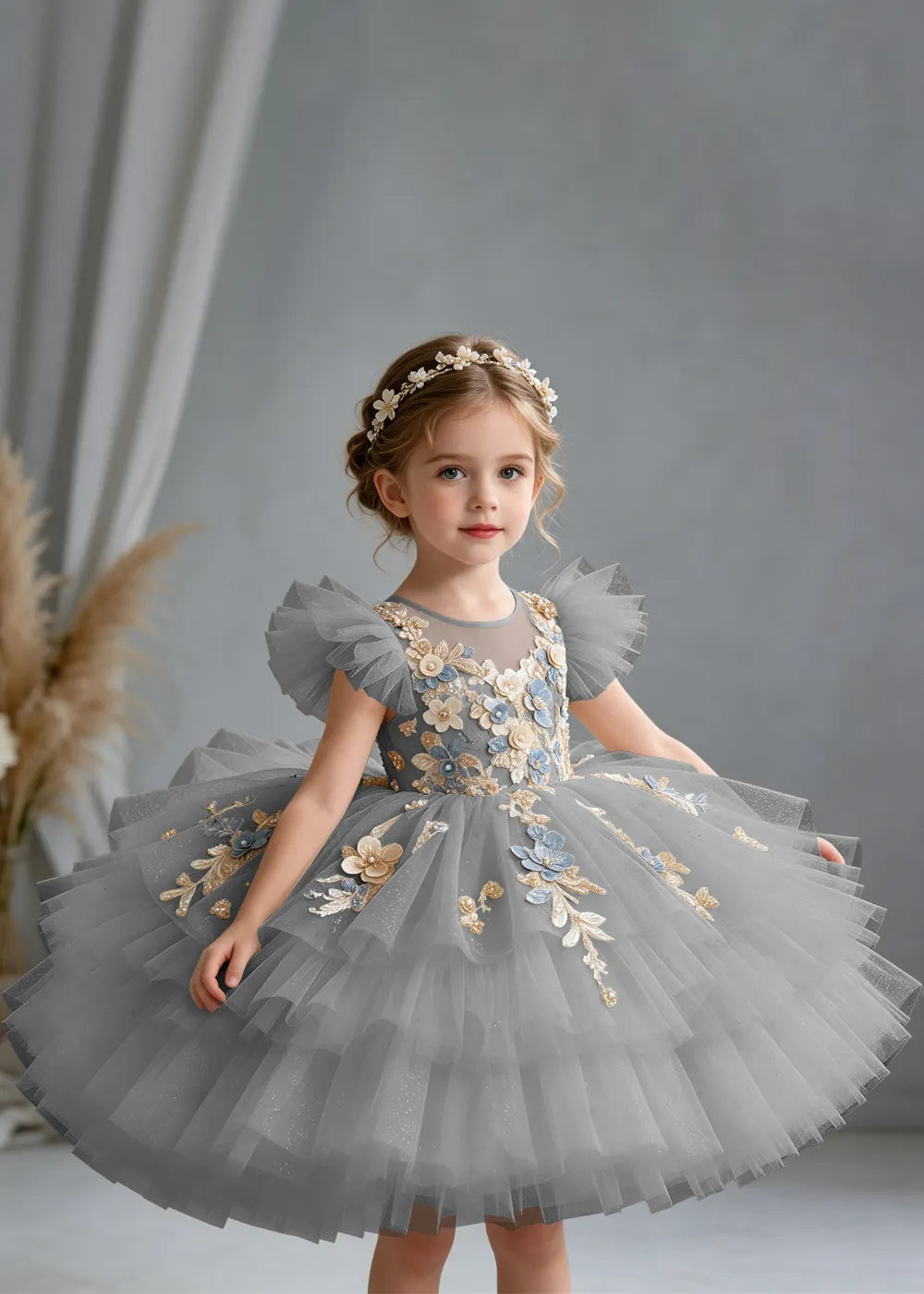 Flower girl dress in Gray, front view.