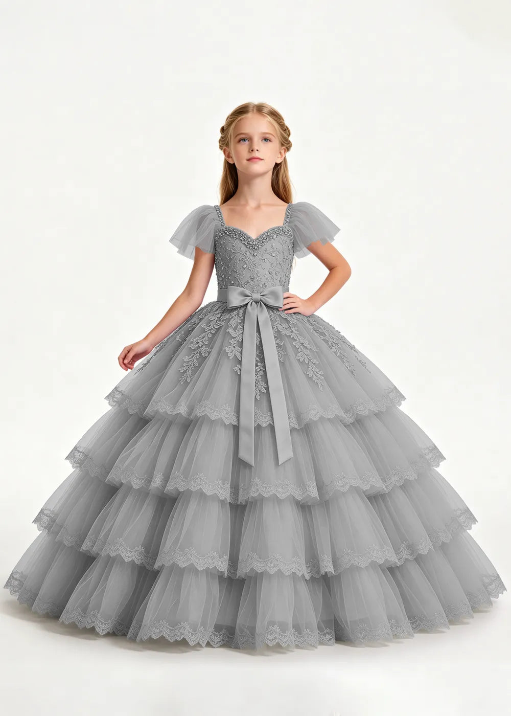 Navy Four-Tier Flower Girl Gown with Front Bow