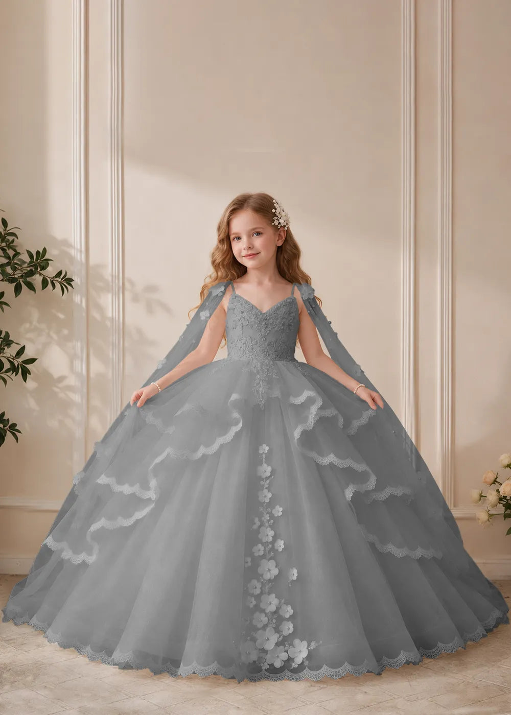 White Flower Girl Dress with Lace Ruffles and Sheer Shoulder Drapes