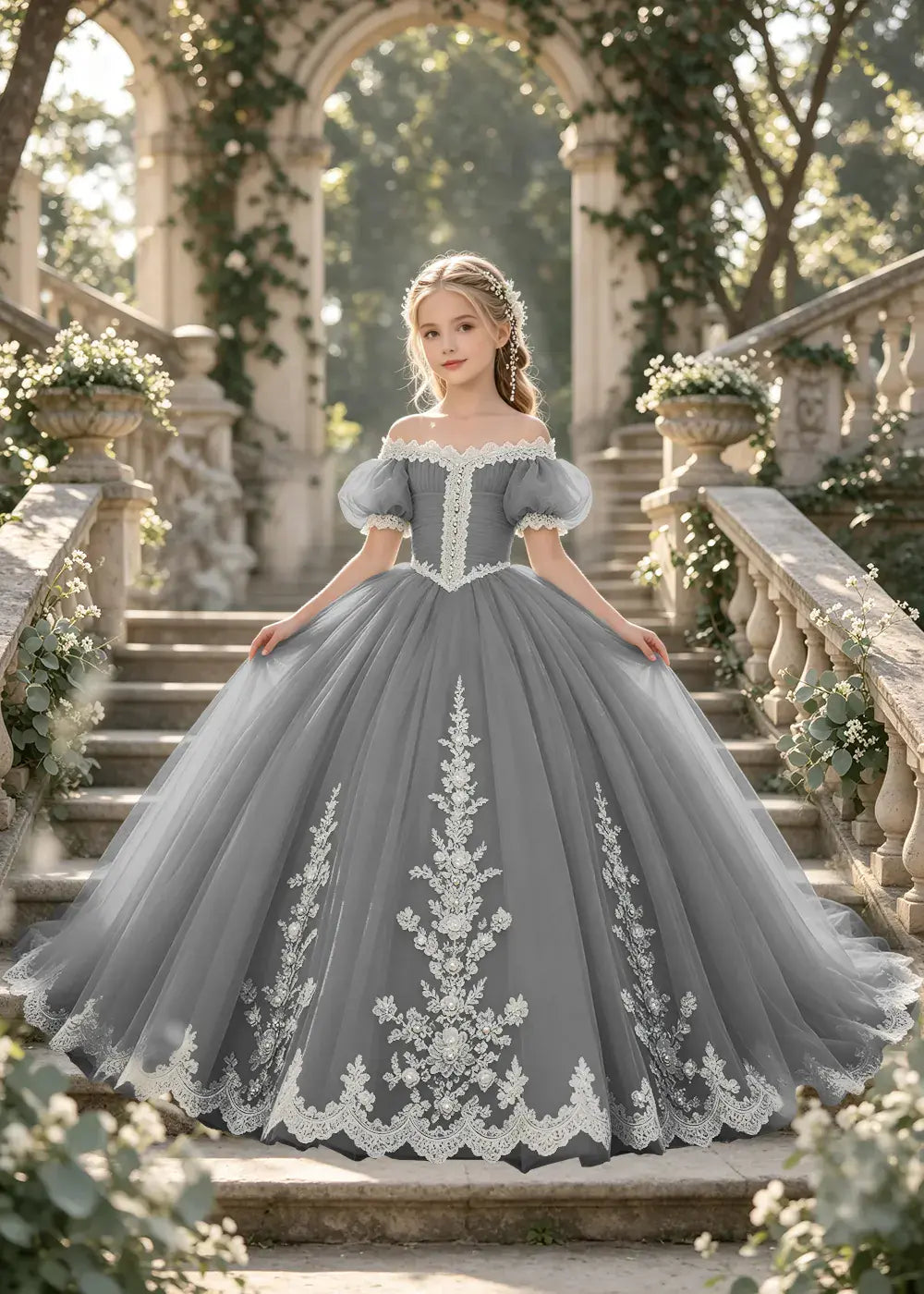 Flower girl dress in Gray, front view.