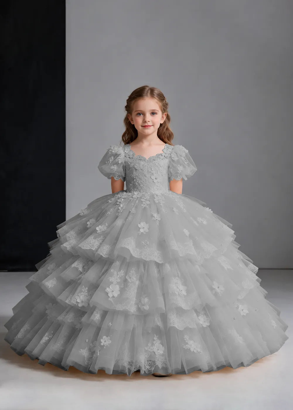 Flower girl dress in Gray, front view.