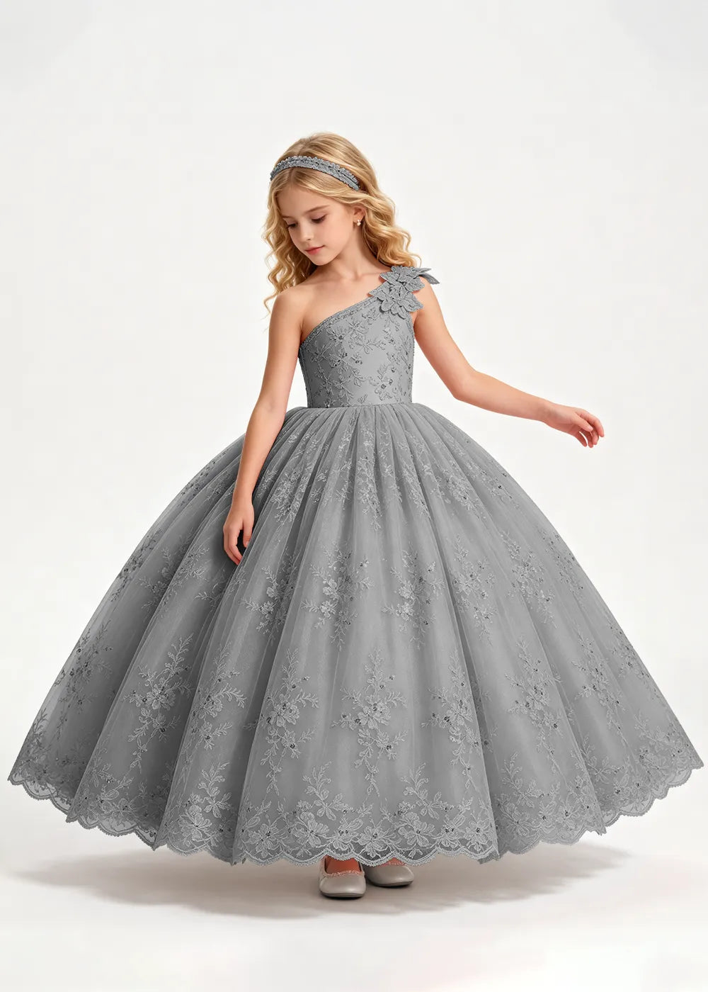 Navy One-Shoulder Flower Girl Gown with Scalloped Lace