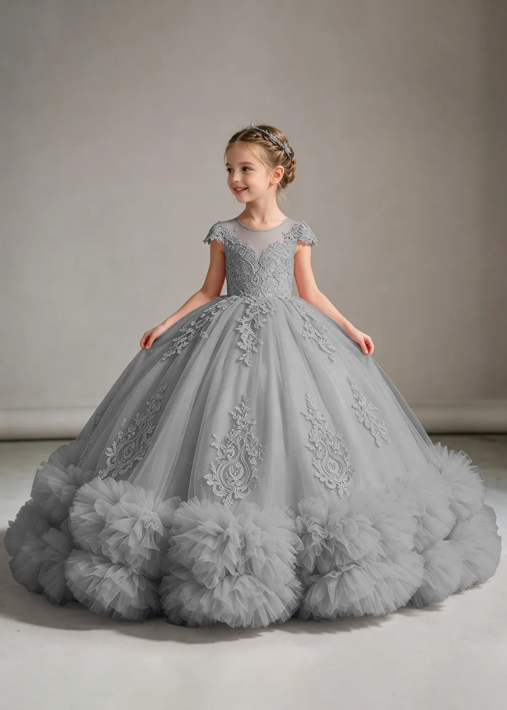 Navy Flower Girl Ball Gown with Floral Bodice and Ruffle Hem